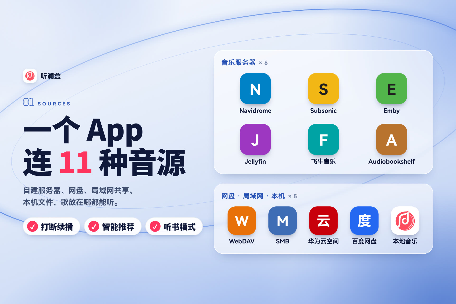 听澜盒平板端海报：一个 App 连 11 种音源